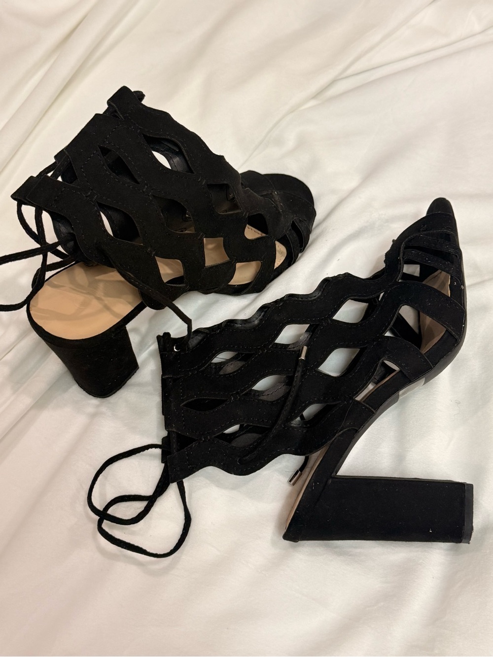 Qupid Black Cutout Lace-Up Block Heel Sandals